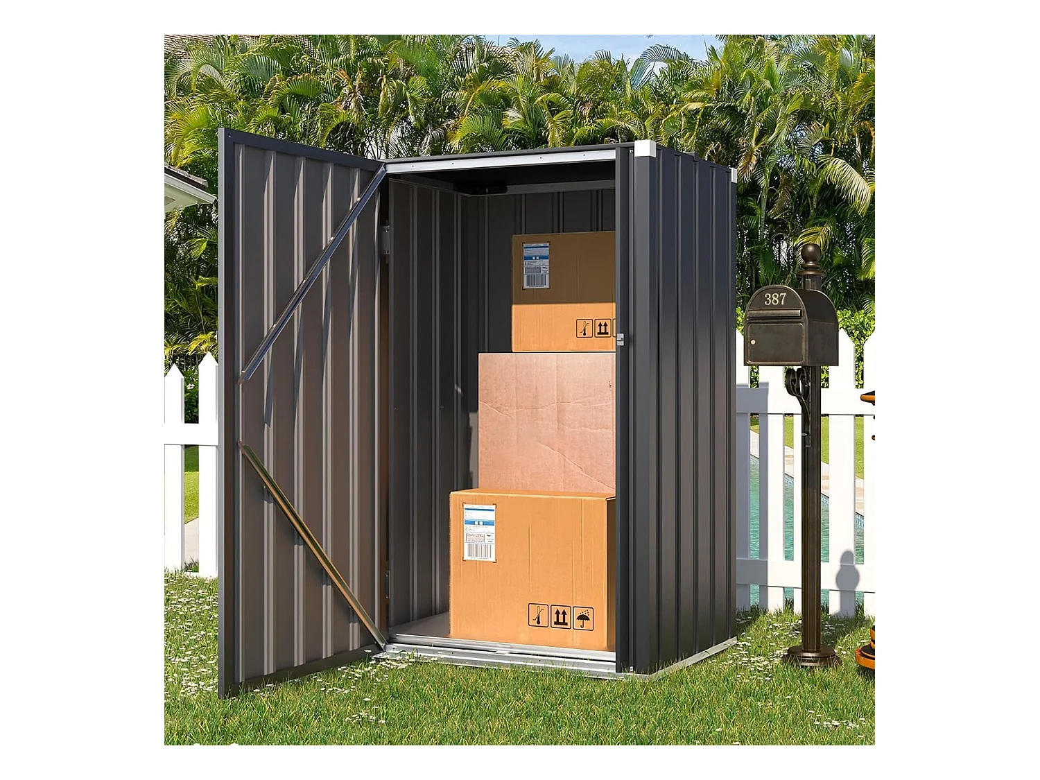 YODOLLA Armoire de jardin, 76x55x144cm Armoire extérieure 1 porte résistante, Boîte livraison métal stable Et stockage avec serrure pour jardin, Gris foncé