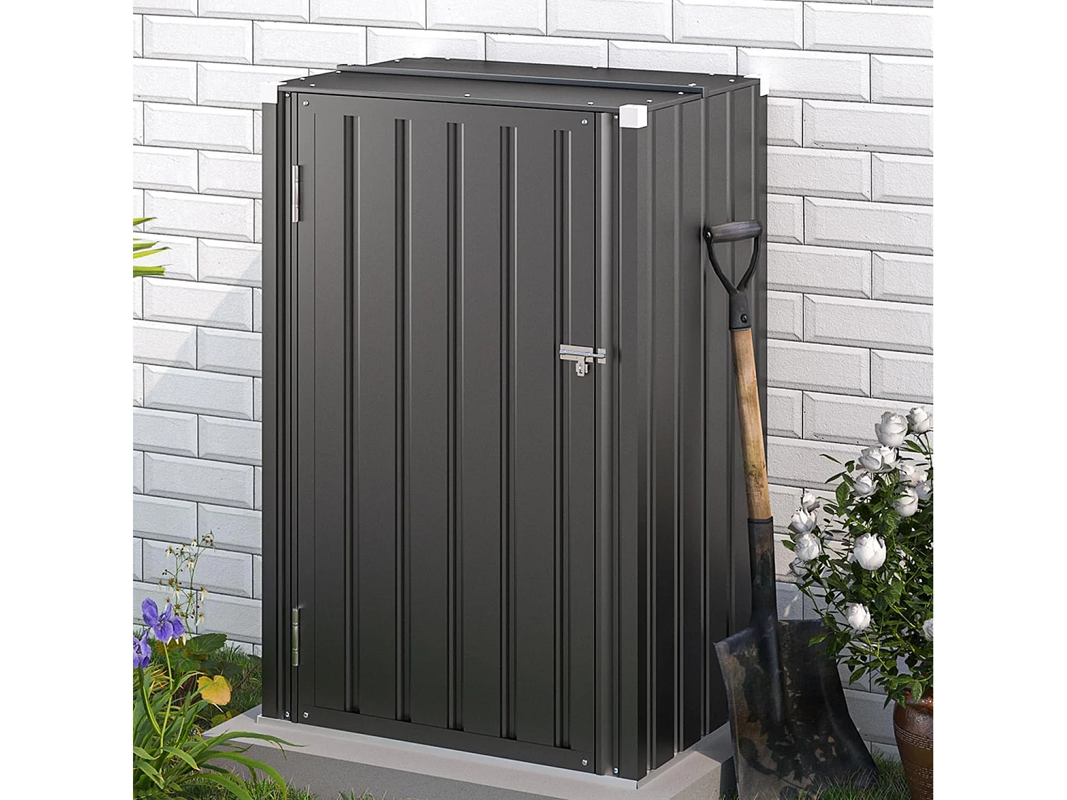 YODOLLA Armoire de jardin, 76x55x144cm Armoire extérieure 1 porte résistante, Boîte livraison métal stable Et stockage avec serrure pour jardin, Gris foncé