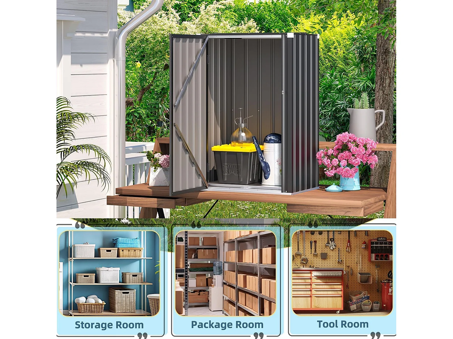 YODOLLA Armoire de jardin, 76x55x144cm Armoire extérieure 1 porte résistante, Boîte livraison métal stable Et stockage avec serrure pour jardin, Gris foncé