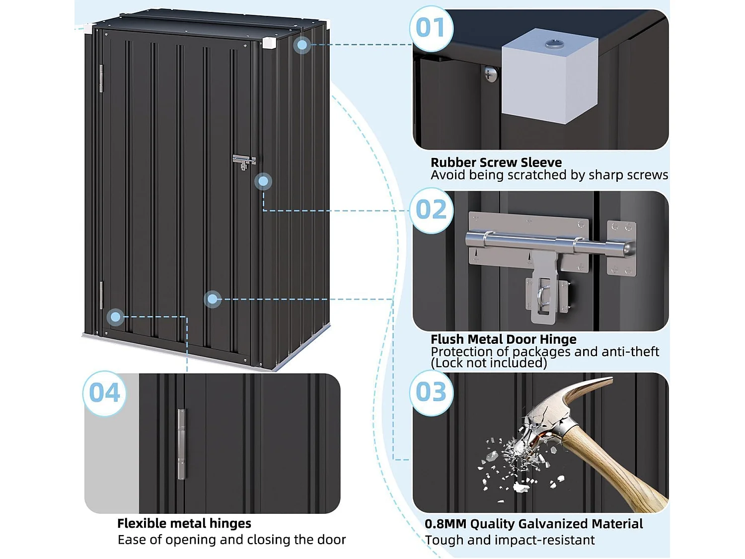 YODOLLA Armoire de jardin, 76x55x144cm Armoire extérieure 1 porte résistante, Boîte livraison métal stable Et stockage avec serrure pour jardin, Gris foncé