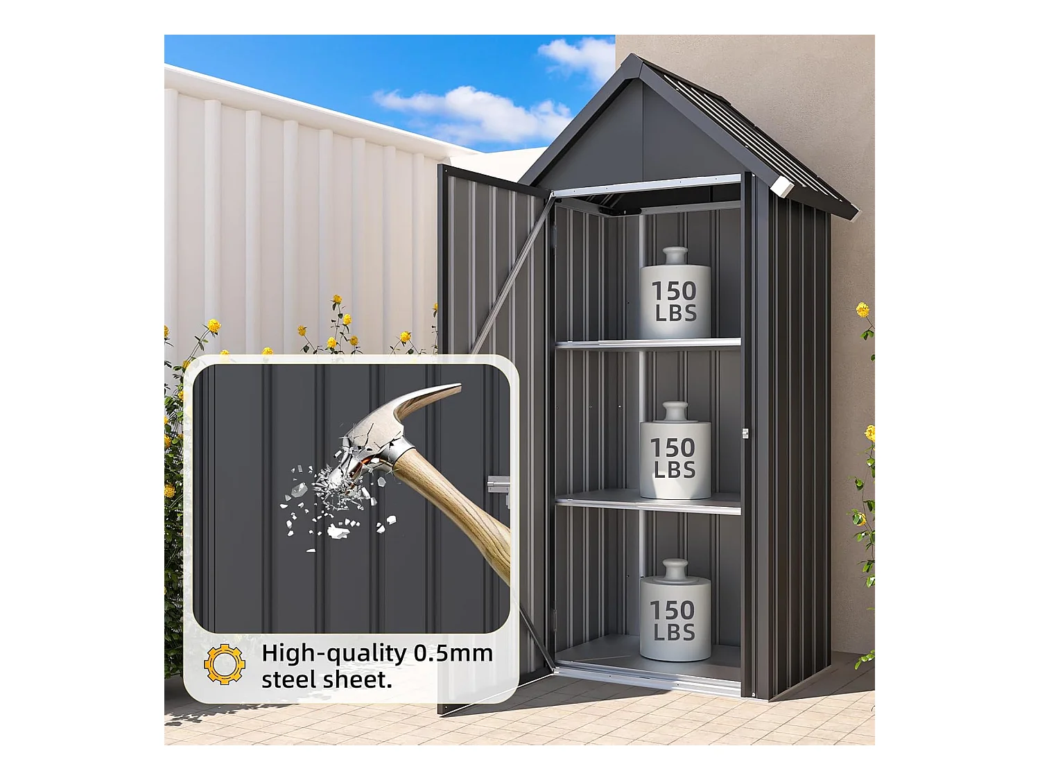 YODOLLA Armoire de jardin Abri de jardin Hangar, Petit abri avec socle Et serrure verrouillable, Acier galvanisé, 86x55x178cm, Gris foncé