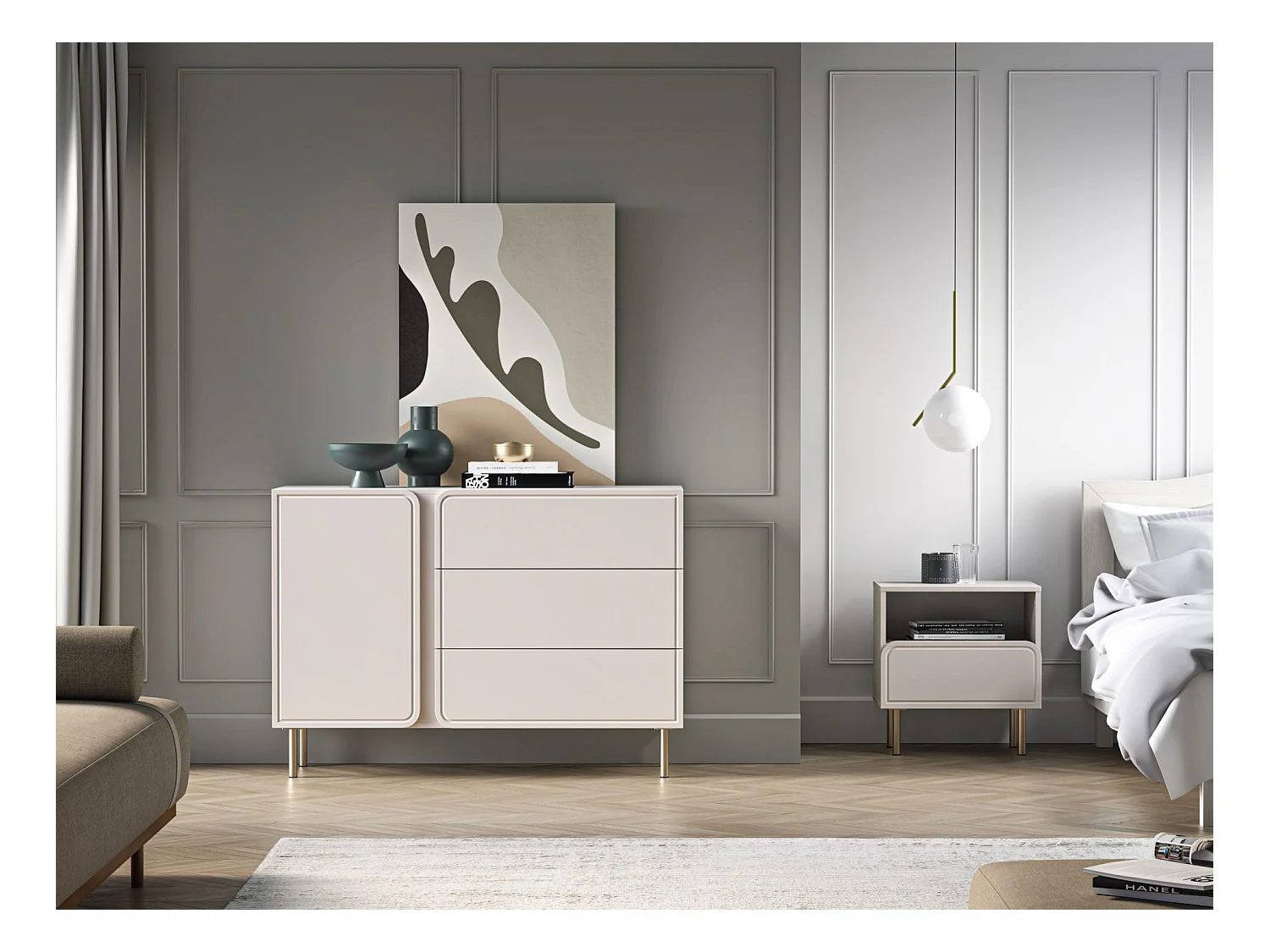 Buffet 1 porte avec 3 tiroirs - beige cachemire 120 cm - LOPPA