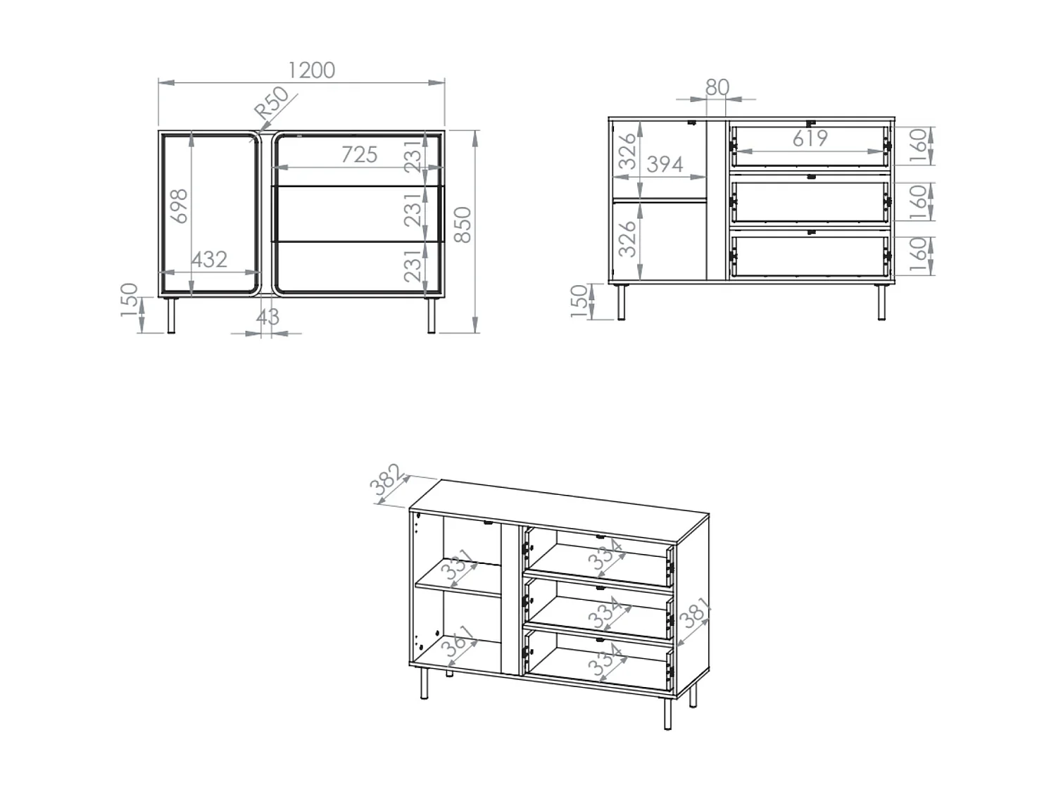 Dressoir 1-deurs – 3 lades – kasjmierbeige – 120 cm – LOPPA