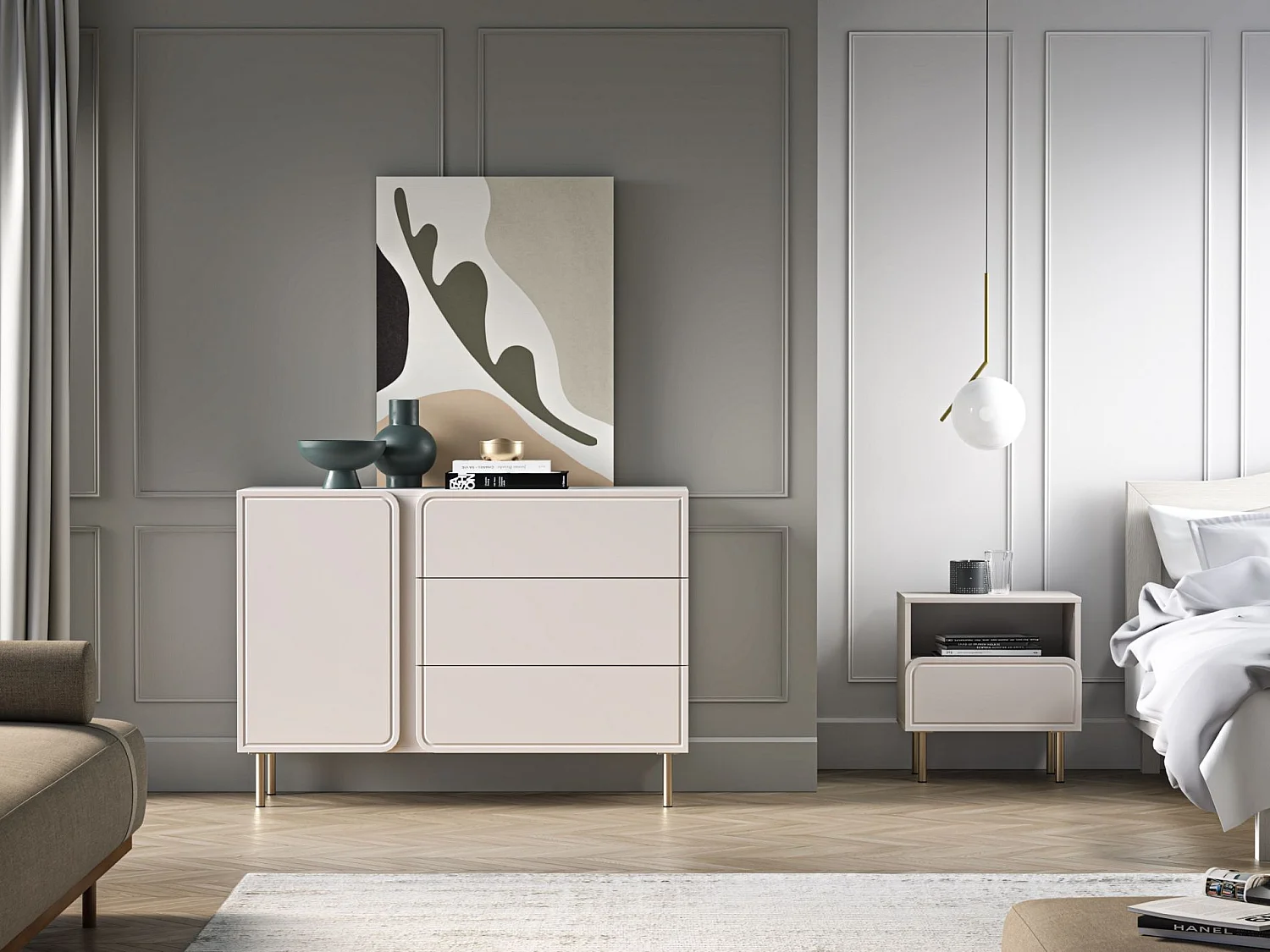 Buffet 1 porte avec 3 tiroirs - beige cachemire 120 cm - LOPPA
