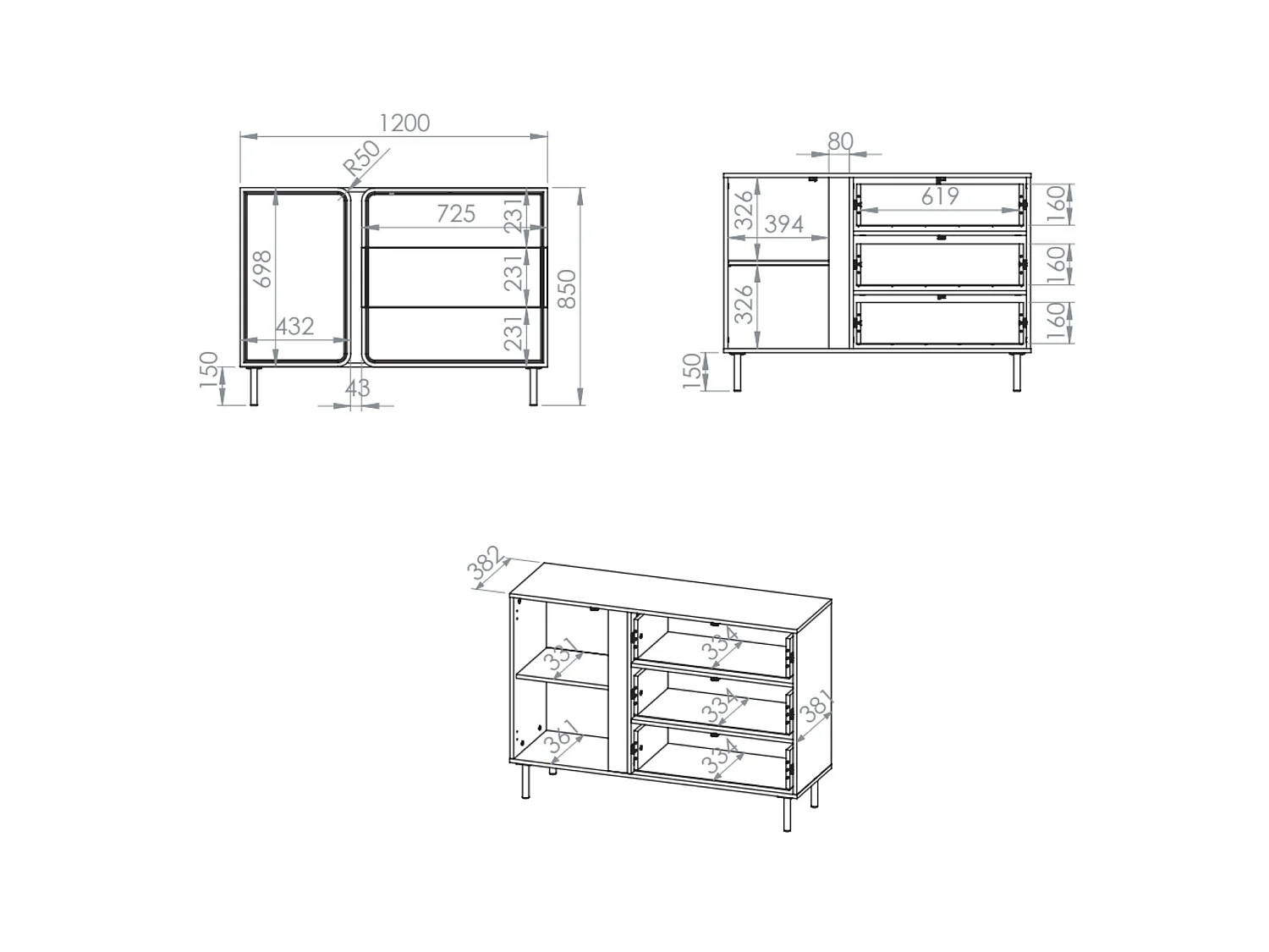 Buffet 1 porte avec 3 tiroirs - beige cachemire 120 cm - LOPPA