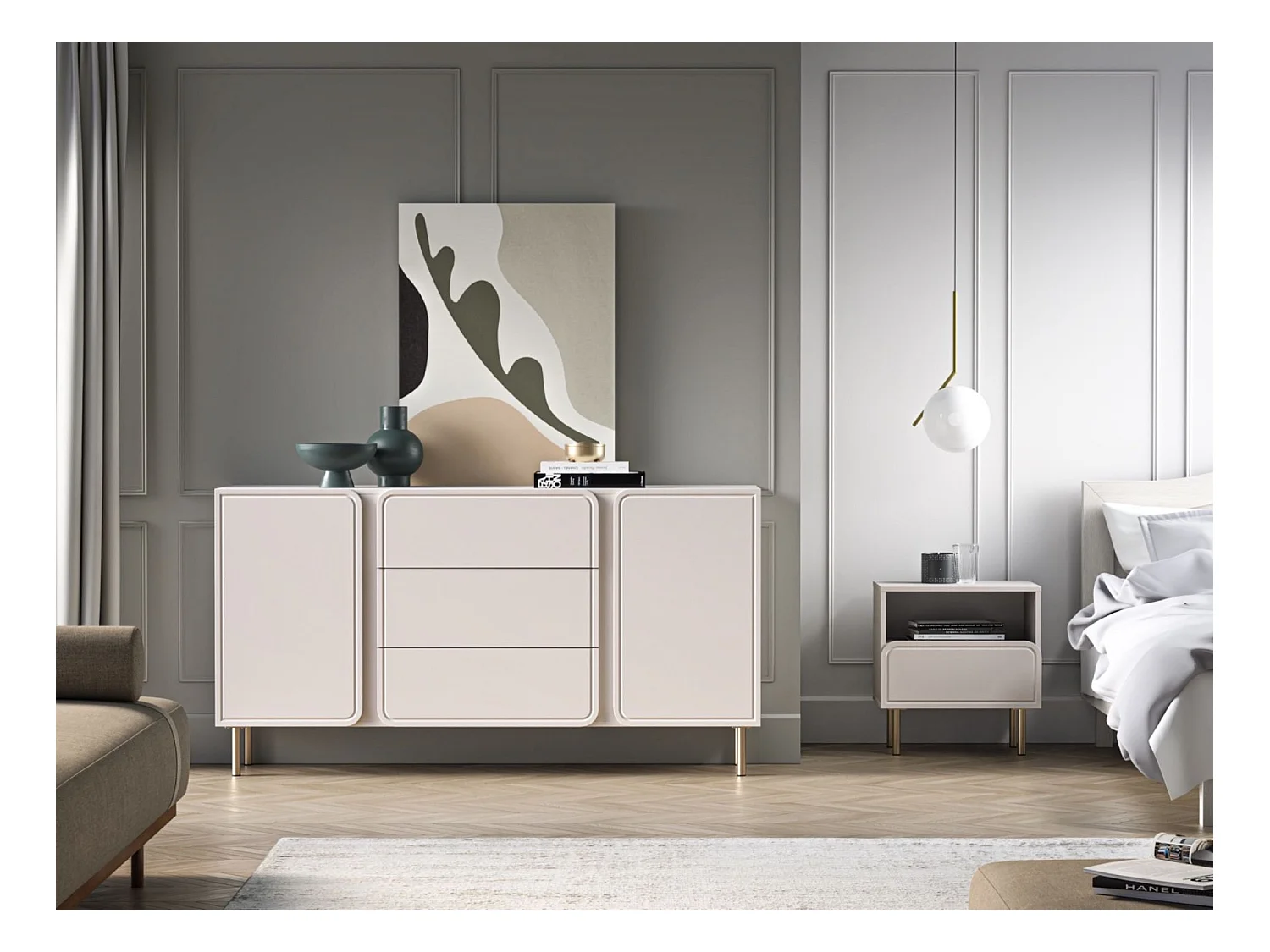 Buffet 2 portes avec 3 tiroirs - beige cachemire 160 cm - LOPPA