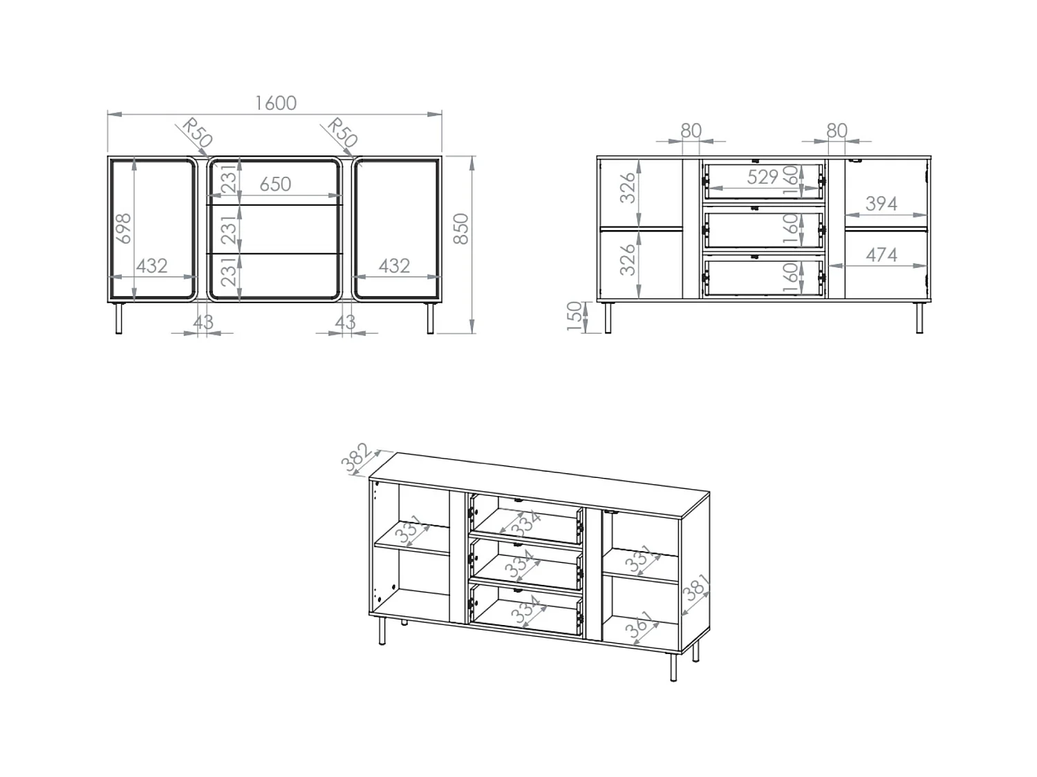 Buffet 2 portes avec 3 tiroirs - beige cachemire 160 cm - LOPPA