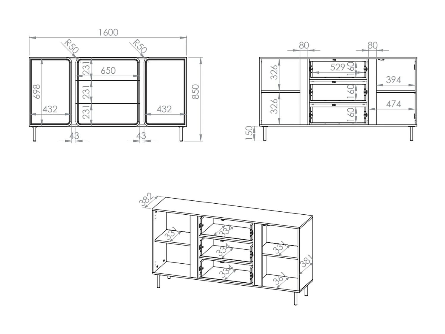 Dressoir 2-deurs – 3 lades – kasjmierbeige – 160 cm – LOPPA