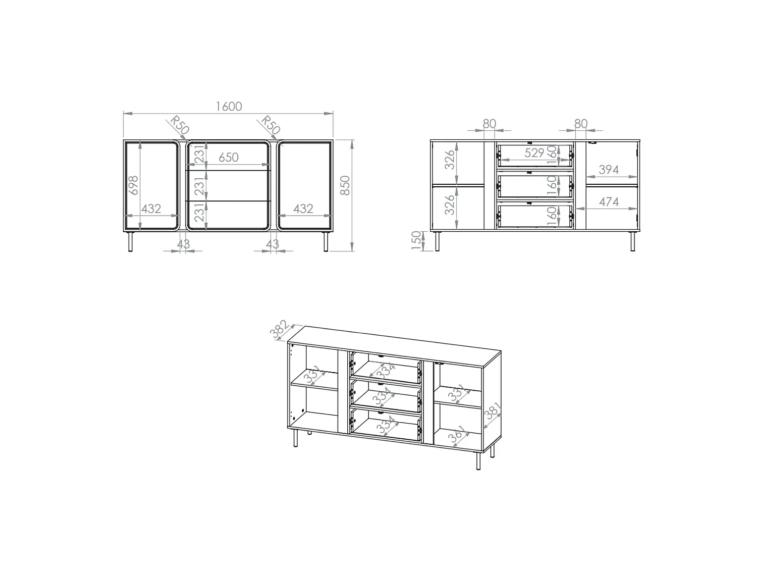 Buffet 2 portes avec 3 tiroirs - beige cachemire 160 cm - LOPPA