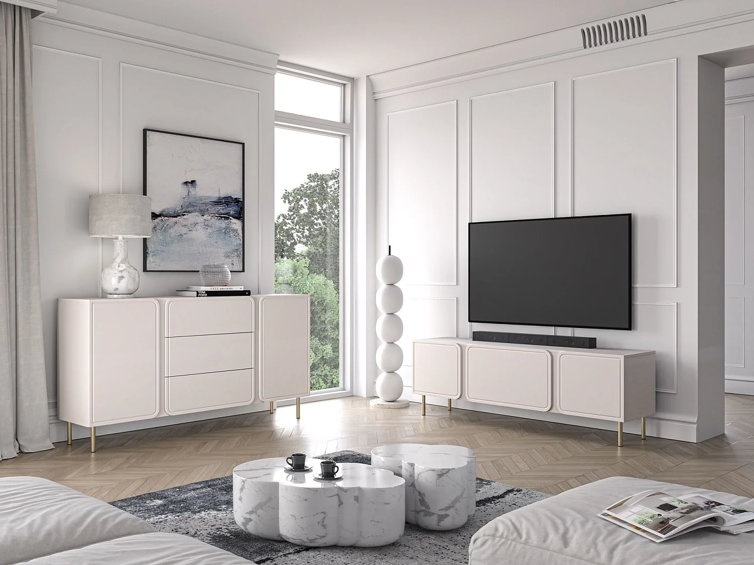 Buffet 2 portes avec 3 tiroirs - beige cachemire 160 cm - LOPPA