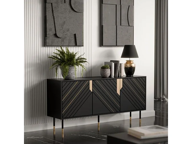 Buffet design noir et doré 3 portes 154 cm Cardona