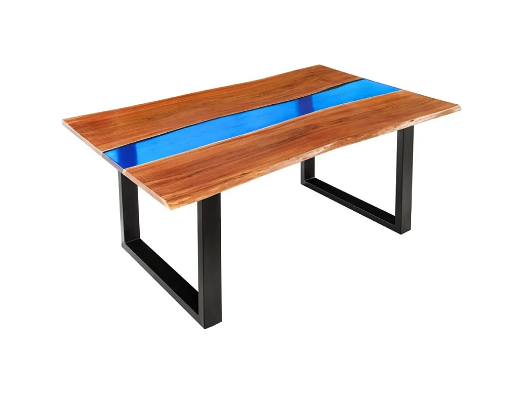 Table de salle à manger LAGUNA – Rectangulaire 160 cm – Bois massif d'acacia et résine époxy bleue