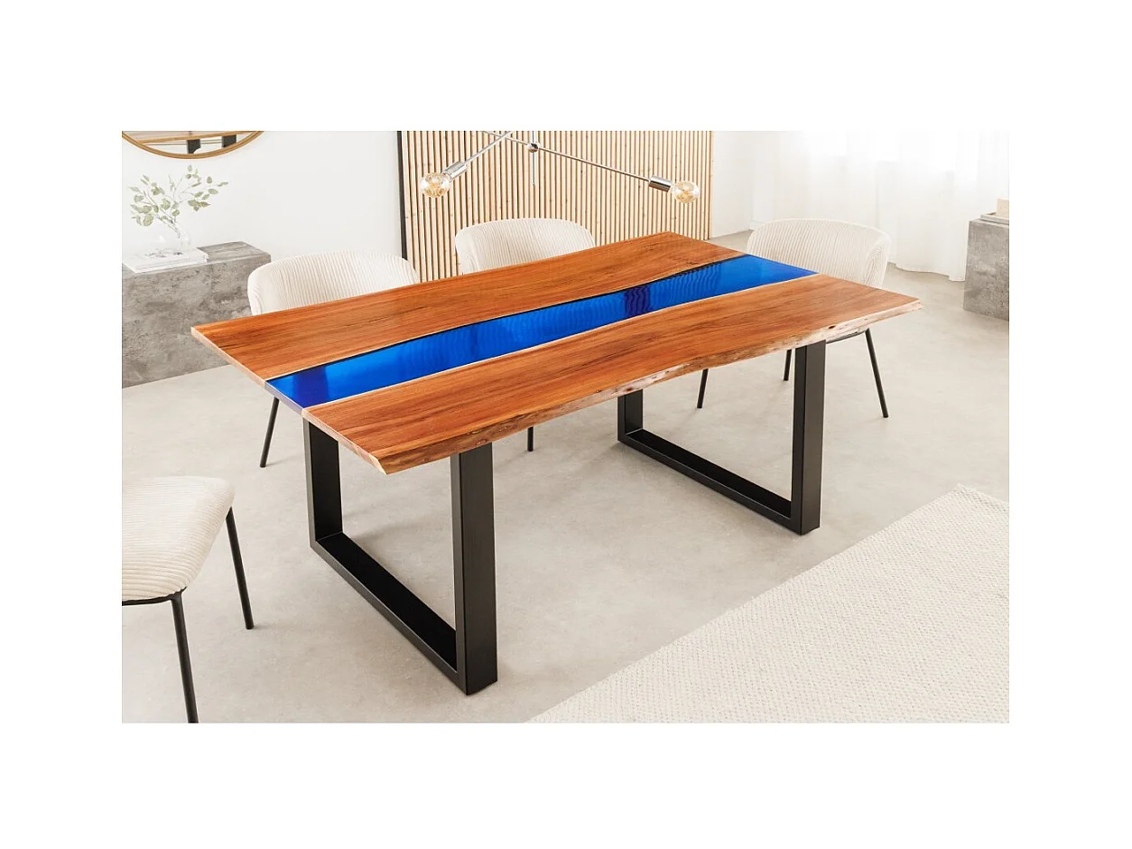 Table de salle à manger LAGUNA – Rectangulaire 160 cm – Bois massif d'acacia et résine époxy bleue