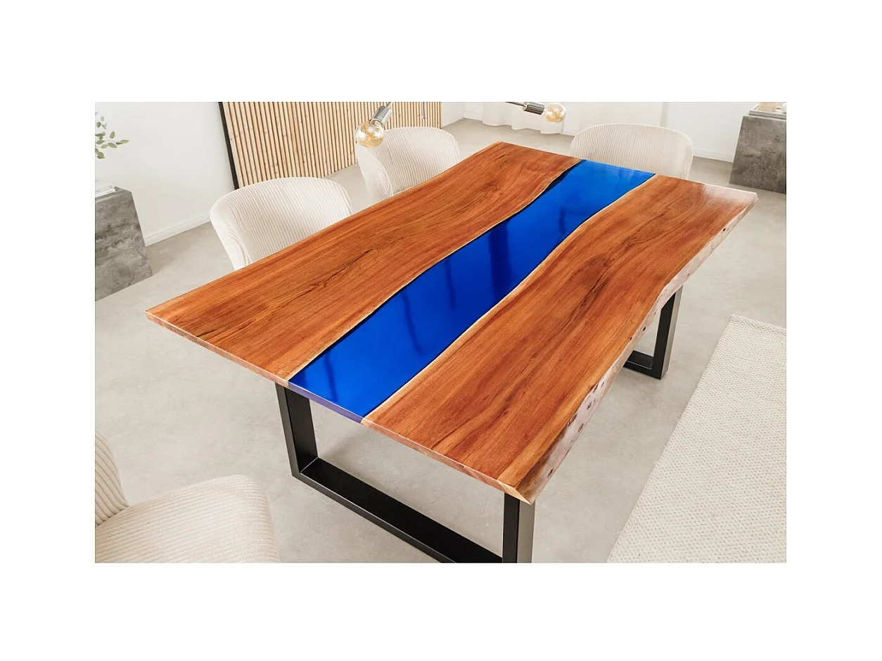Table de salle à manger LAGUNA – Rectangulaire 160 cm – Bois massif d'acacia et résine époxy bleue