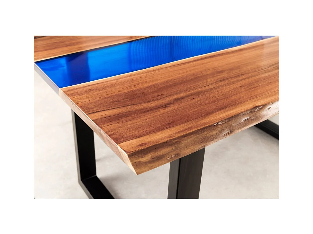 Table de salle à manger LAGUNA – Rectangulaire 160 cm – Bois massif d'acacia et résine époxy bleue