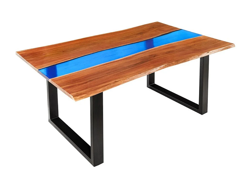 Table de salle à manger LAGUNA – Rectangulaire 160 cm – Bois massif d'acacia et résine époxy bleue