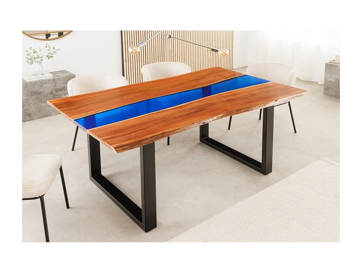 Table de salle à manger LAGUNA – Rectangulaire 160 cm – Bois massif d'acacia et résine époxy bleue