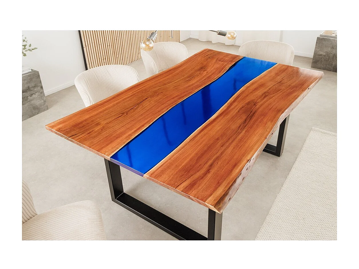 Table de salle à manger LAGUNA – Rectangulaire 160 cm – Bois massif d'acacia et résine époxy bleue