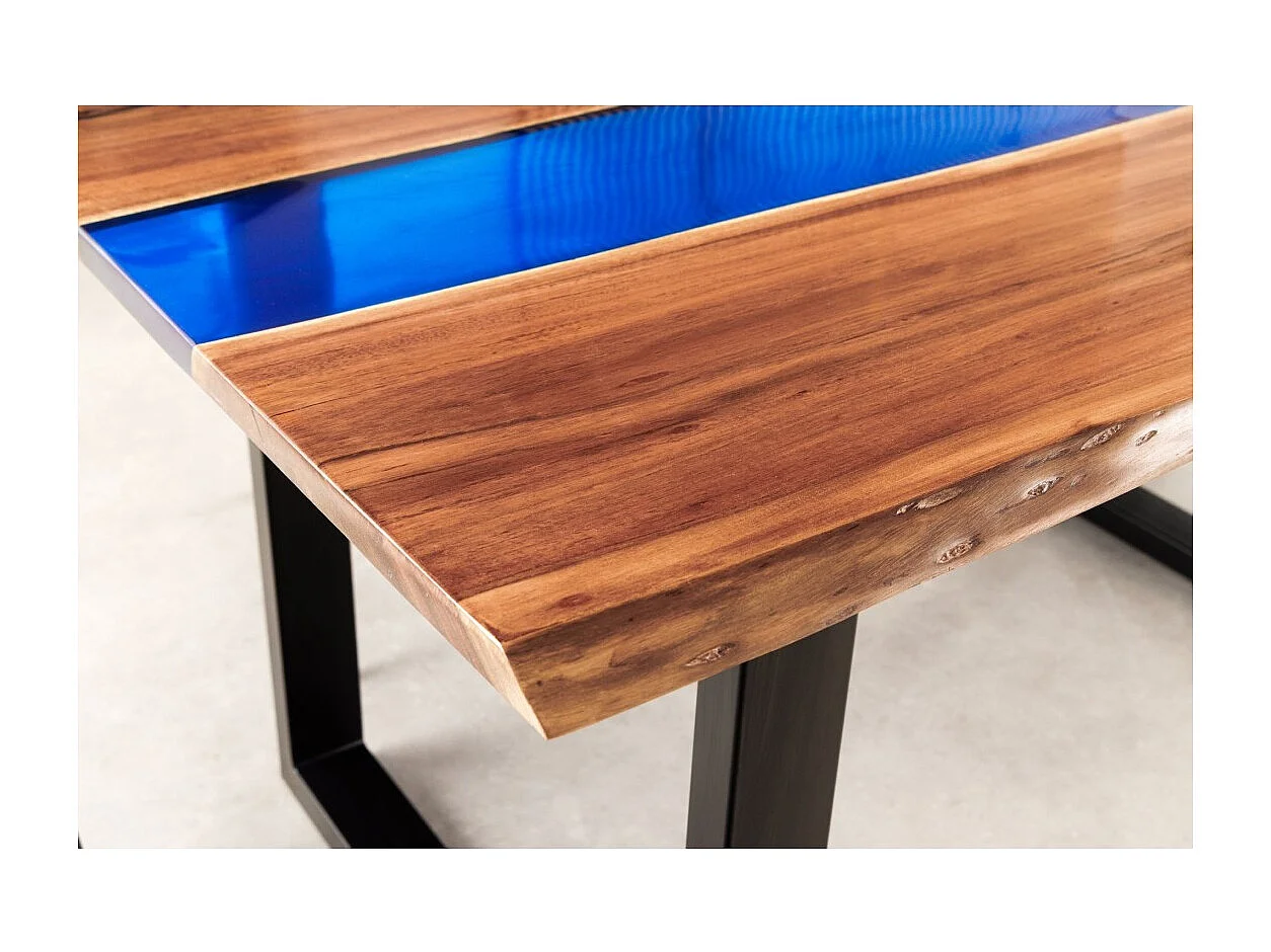 Table de salle à manger LAGUNA – Rectangulaire 160 cm – Bois massif d'acacia et résine époxy bleue
