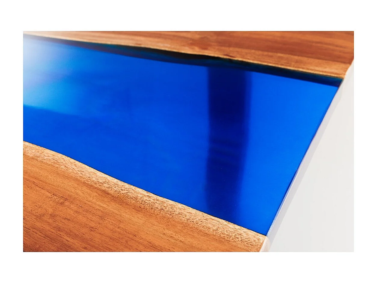 Table de salle à manger LAGUNA – Rectangulaire 160 cm – Bois massif d'acacia et résine époxy bleue
