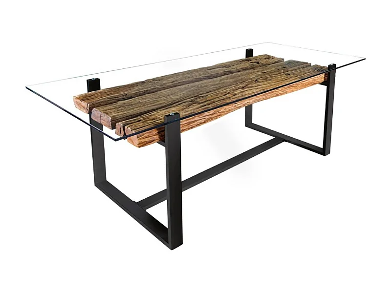 Table de salle à manger RAFTA – Rectangulaire 220 cm – Bois, métal et verre – Style industriel