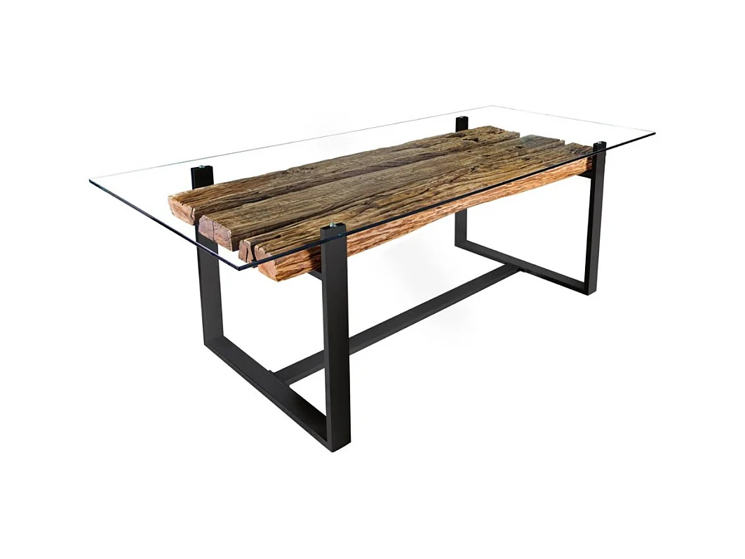 Table de salle à manger RAFTA – Rectangulaire 220 cm – Bois, métal et verre – Style industriel