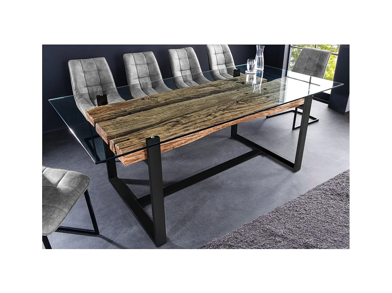 Table de salle à manger RAFTA – Rectangulaire 220 cm – Bois, métal et verre – Style industriel