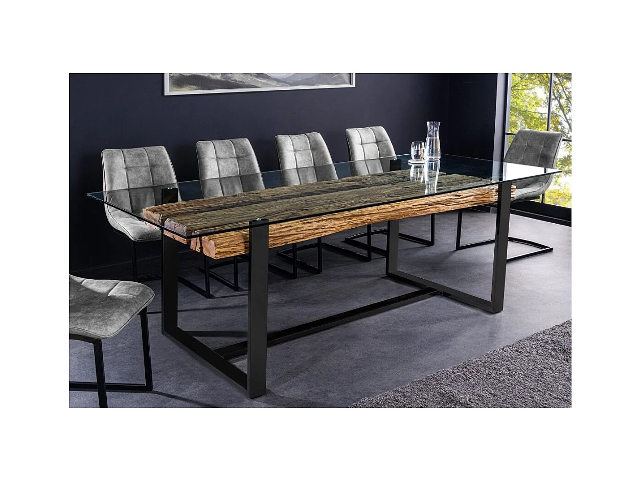 Table de salle à manger RAFTA – Rectangulaire 220 cm – Bois, métal et verre – Style industriel