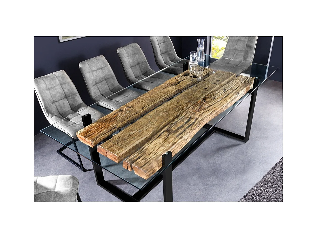 Table de salle à manger RAFTA – Rectangulaire 220 cm – Bois, métal et verre – Style industriel