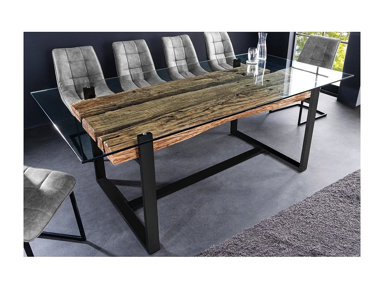 RAFTA eettafel – Rechthoekig 220 cm – Hout, metaal en glas – Industriële stijl