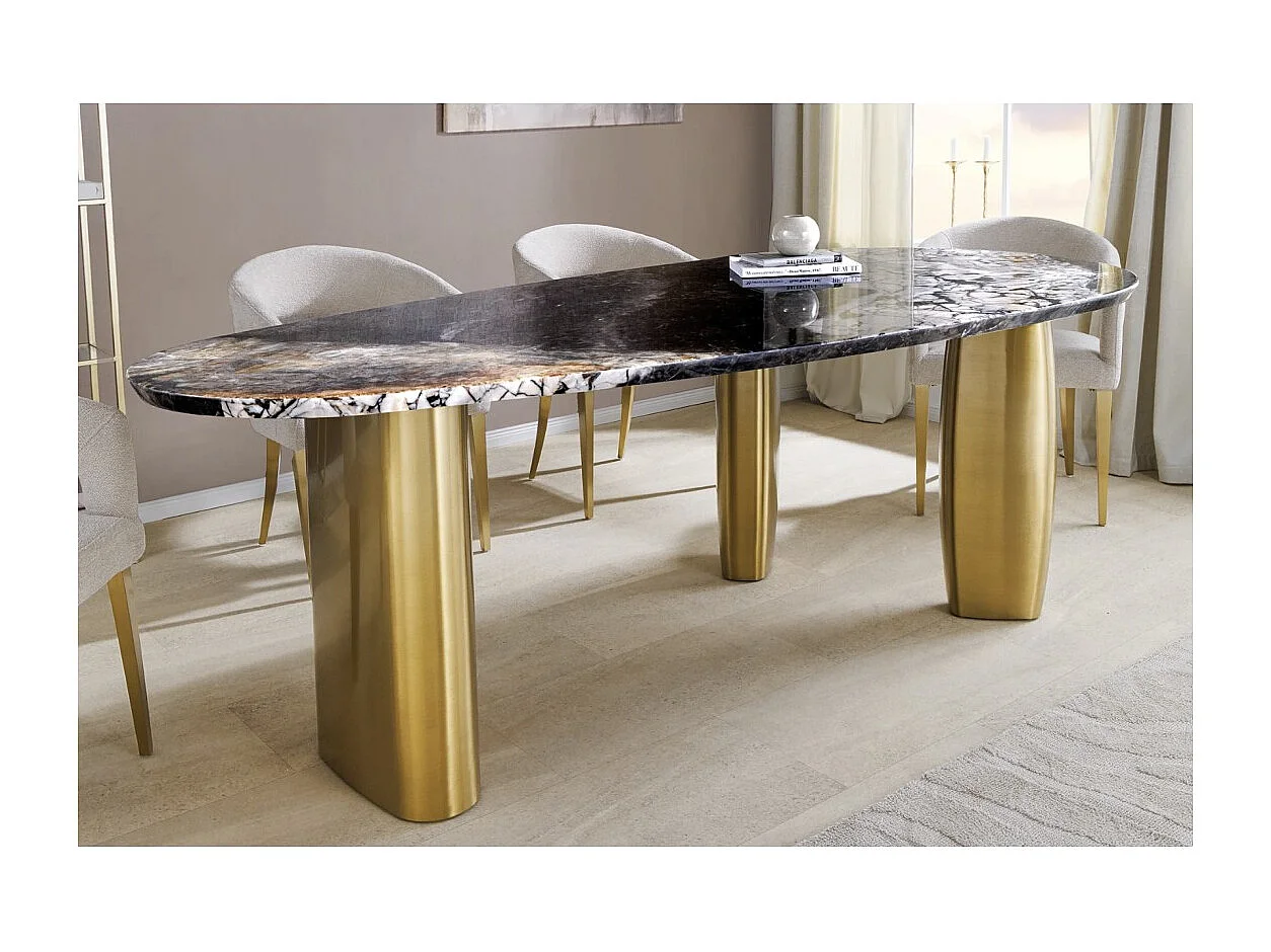 Table de salle à manger NERA – Ovale 200 cm – Plateau marbre gris – Pieds métal or – Style chic
