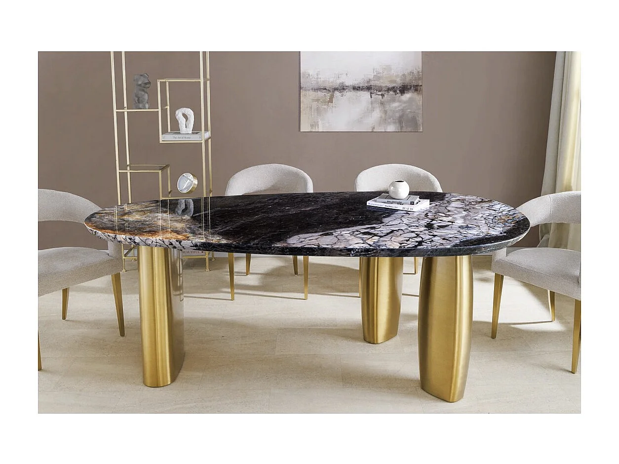 Table de salle à manger NERA – Ovale 200 cm – Plateau marbre gris – Pieds métal or – Style chic
