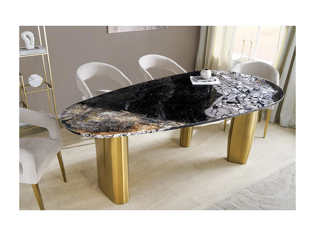 Table de salle à manger NERA – Ovale 200 cm – Plateau marbre gris – Pieds métal or – Style chic