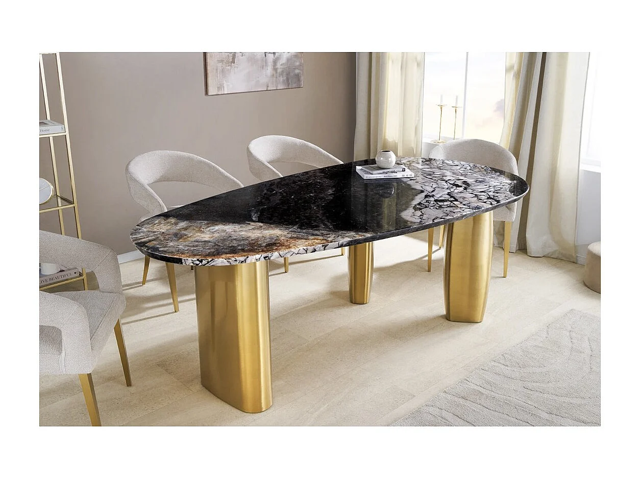 Table de salle à manger NERA – Ovale 200 cm – Plateau marbre gris – Pieds métal or – Style chic