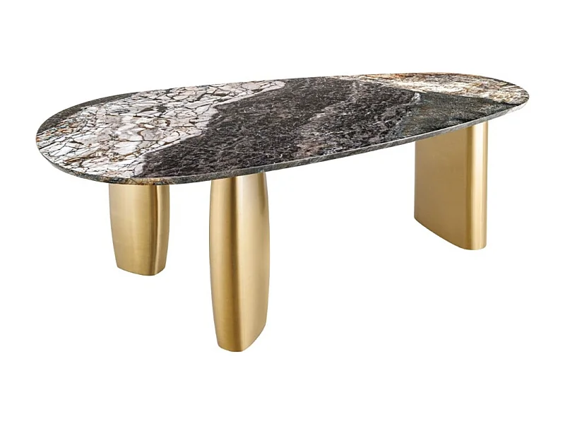 Table de salle à manger NERA – Ovale 200 cm – Plateau marbre gris – Pieds métal or – Style chic