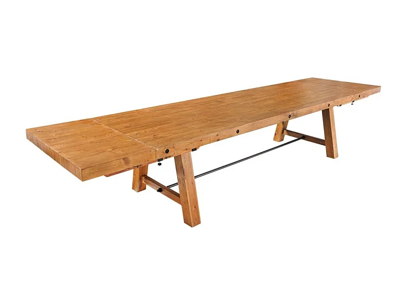 Table de salle à manger RANCHO – Extensible jusqu'à 400 cm – Bois pin vernis et métal – Style rustique