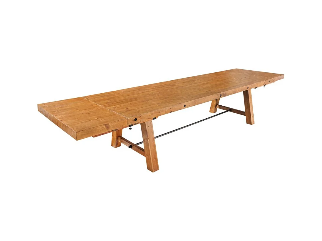 Table de salle à manger RANCHO – Extensible jusqu'à 400 cm – Bois pin vernis et métal – Style rustique