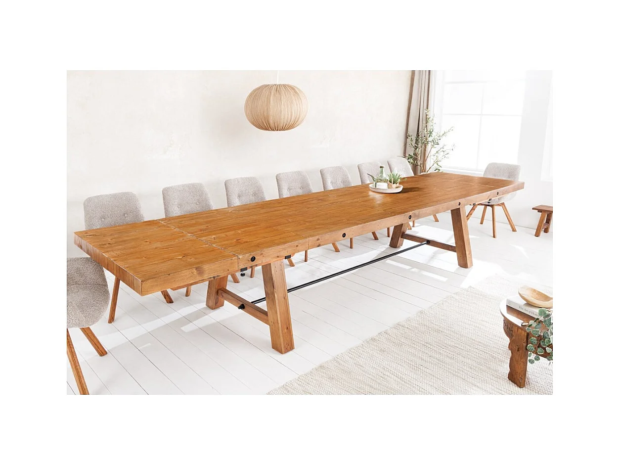 Table de salle à manger RANCHO – Extensible jusqu'à 400 cm – Bois pin vernis et métal – Style rustique