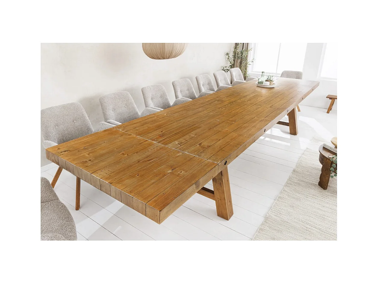 Table de salle à manger RANCHO – Extensible jusqu'à 400 cm – Bois pin vernis et métal – Style rustique