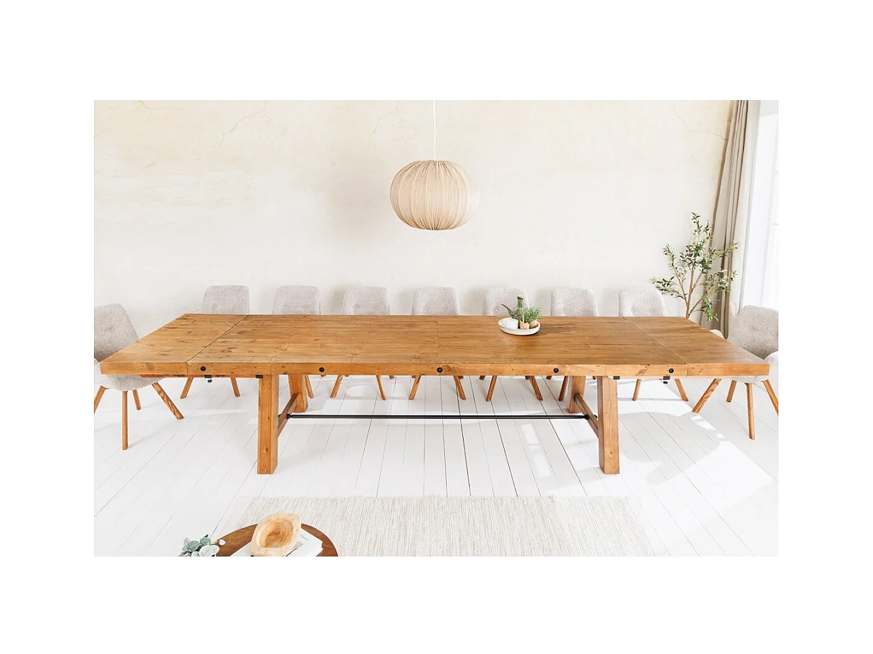 Table de salle à manger RANCHO – Extensible jusqu'à 400 cm – Bois pin vernis et métal – Style rustique
