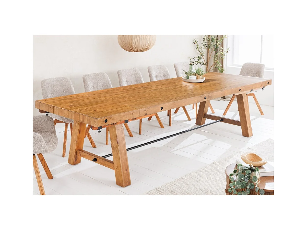 Table de salle à manger RANCHO – Extensible jusqu'à 400 cm – Bois pin vernis et métal – Style rustique