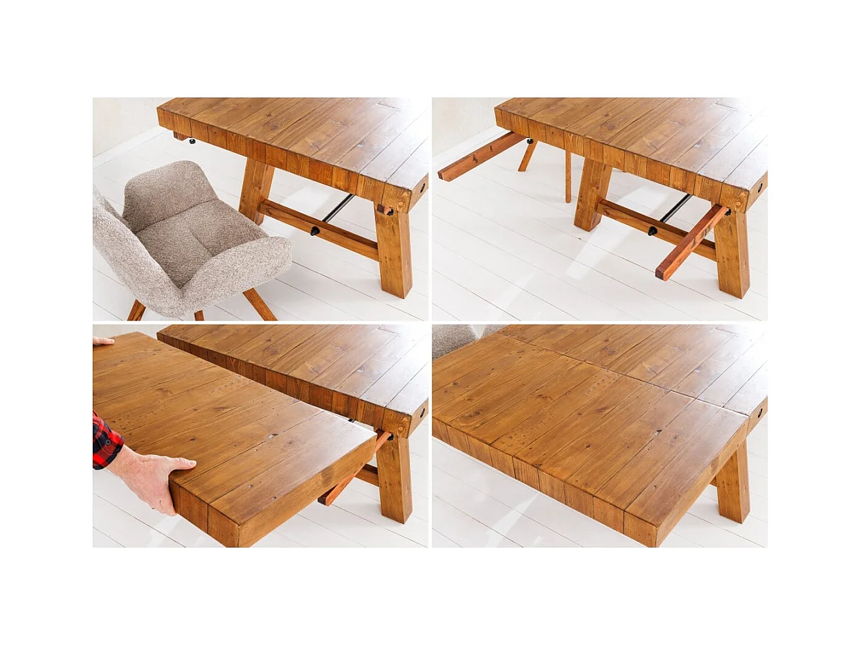 Table de salle à manger RANCHO – Extensible jusqu'à 400 cm – Bois pin vernis et métal – Style rustique