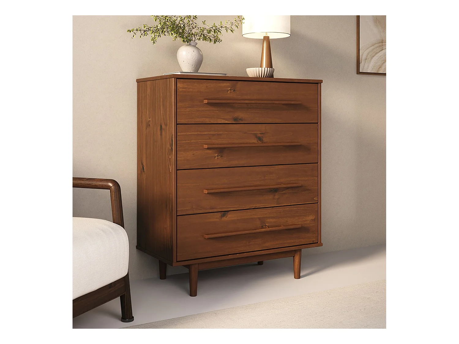 Commode TECCA L 80 cm avec 4 Tiroirs en Bois Massif Coloris Châtaignier, Meuble de Rangement pour Vêtements Design Scandinave