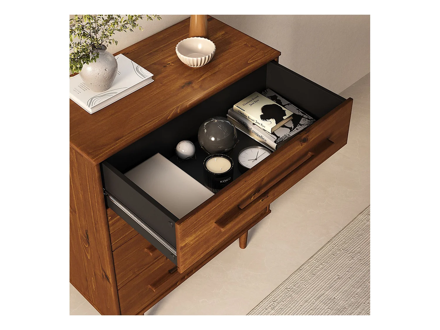 Commode TECCA L 80 cm avec 4 Tiroirs en Bois Massif Coloris Châtaignier, Meuble de Rangement pour Vêtements Design Scandinave