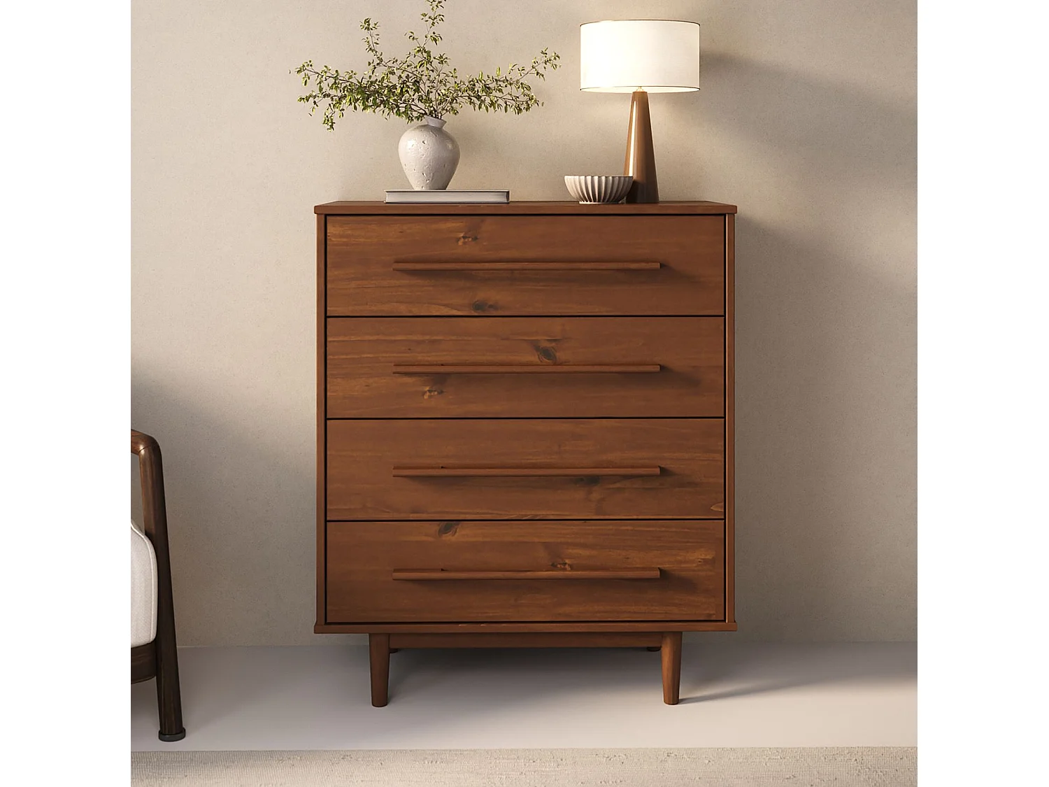 Commode TECCA L 80 cm avec 4 Tiroirs en Bois Massif Coloris Châtaignier, Meuble de Rangement pour Vêtements Design Scandinave
