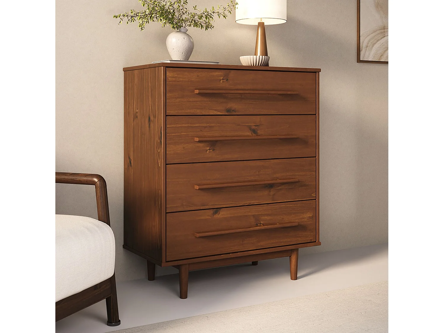 Commode TECCA L 80 cm avec 4 Tiroirs en Bois Massif Coloris Châtaignier, Meuble de Rangement pour Vêtements Design Scandinave