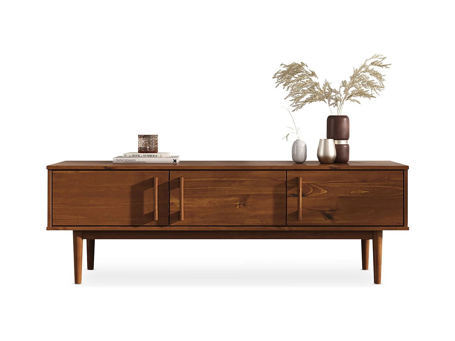 Meuble TV TECCA L 145 cm en Bois Massif Coloris Châtaignier avec 3 Portes, Pour Téléviseur jusqu'à 65", Meuble Télé Salon