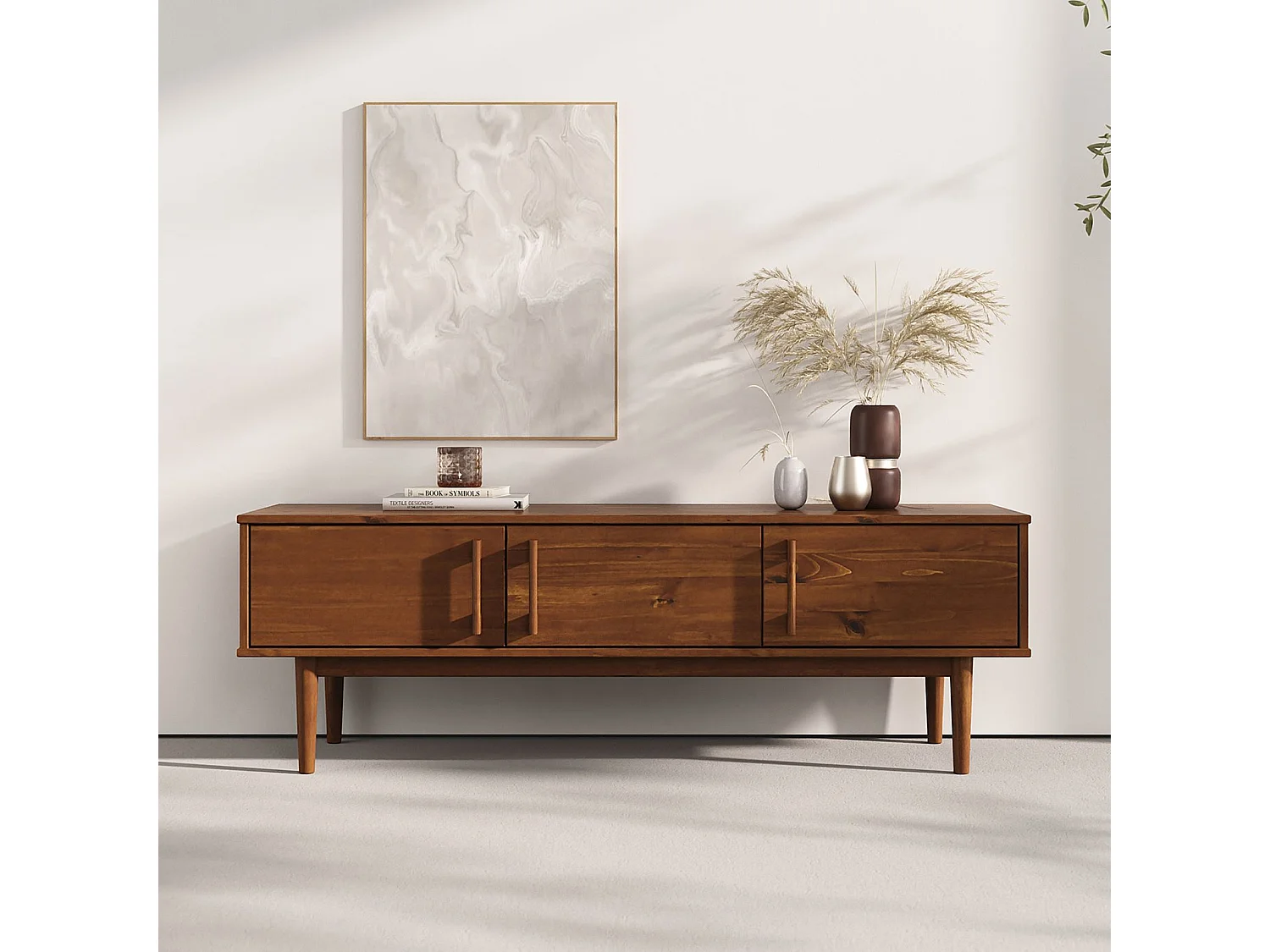 Meuble TV TECCA L 145 cm en Bois Massif Coloris Châtaignier avec 3 Portes, Pour Téléviseur jusqu'à 65", Meuble Télé Salon