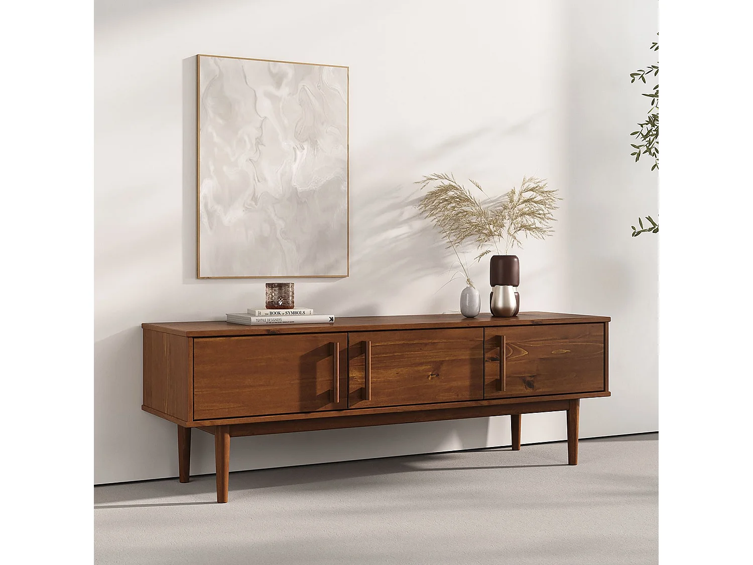 Meuble TV TECCA L 145 cm en Bois Massif Coloris Châtaignier avec 3 Portes, Pour Téléviseur jusqu'à 65", Meuble Télé Salon