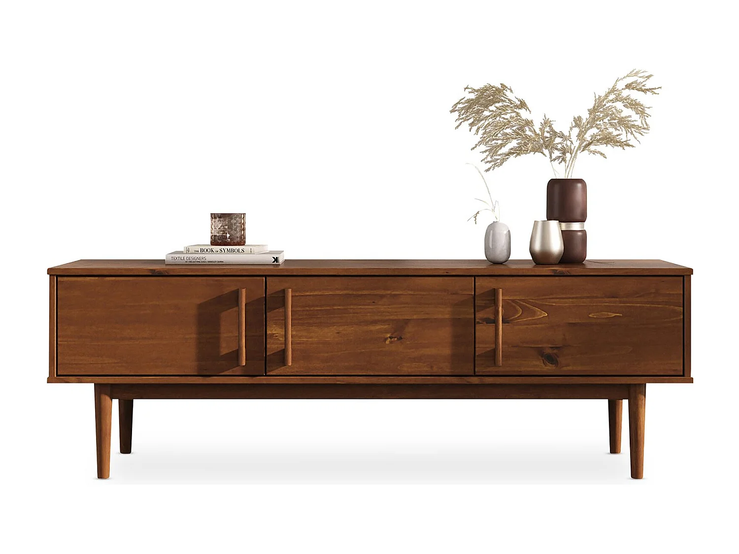 Meuble TV TECCA L 145 cm en Bois Massif Coloris Châtaignier avec 3 Portes, Pour Téléviseur jusqu'à 65", Meuble Télé Salon